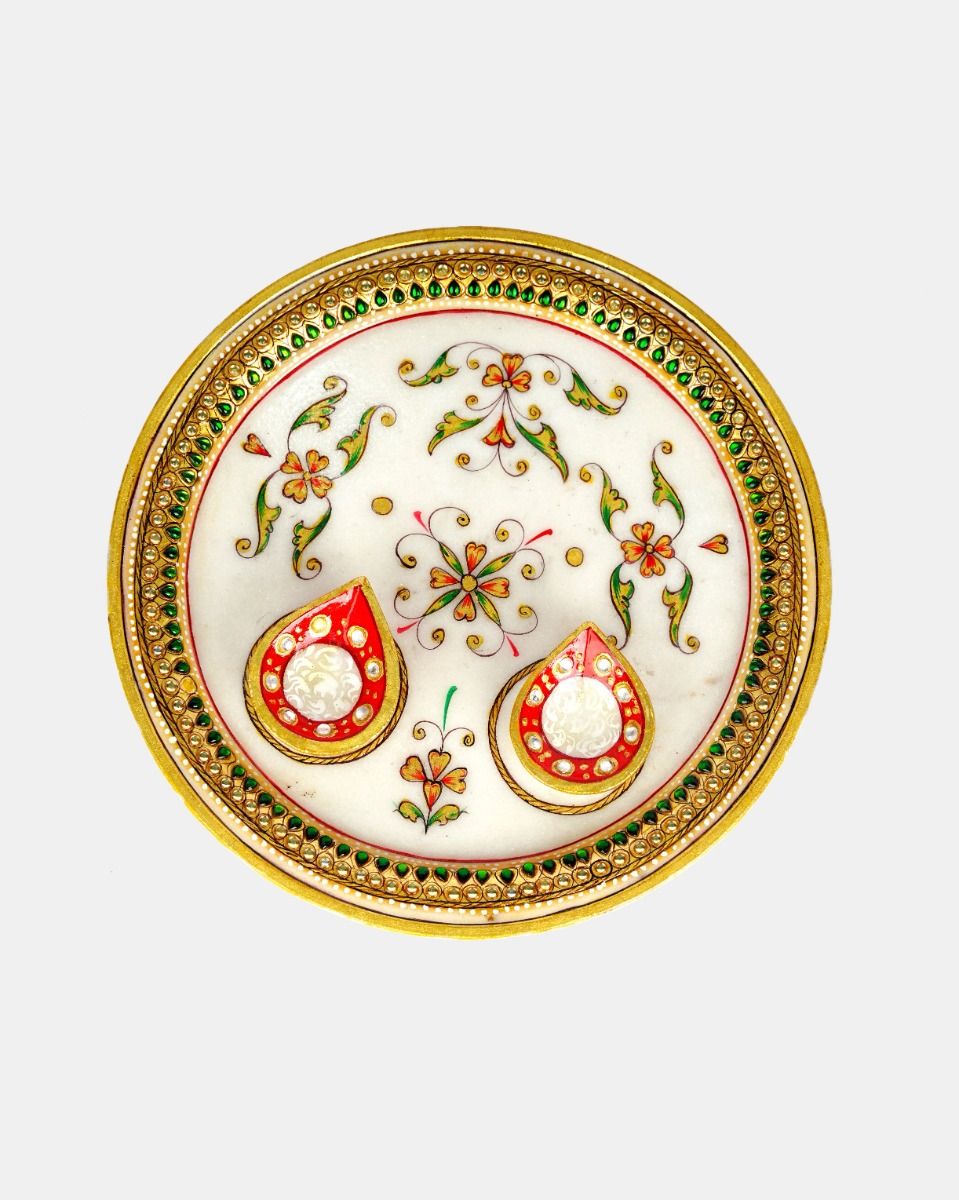 Handcrafted Marble Pooja Thali with Kundan-Meenakari Work – Diwali Special
