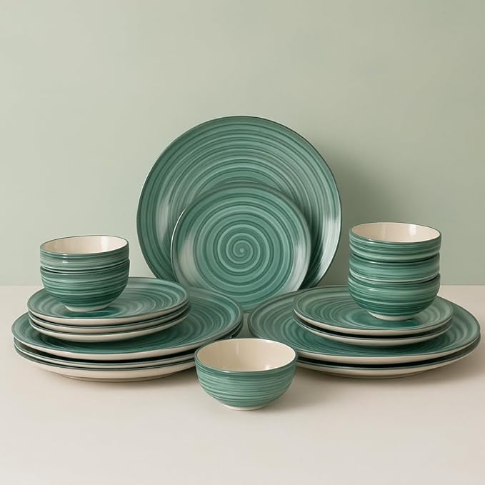 HomenStuffs 'Sea Swirls' 18-Piece Ceramic Dinner Set | Handcrafted Stoneware Crockery | 6 Dinner Plates, 6 Quarter Plates, 6 Bowls | Microwave & Dishwasher Safe