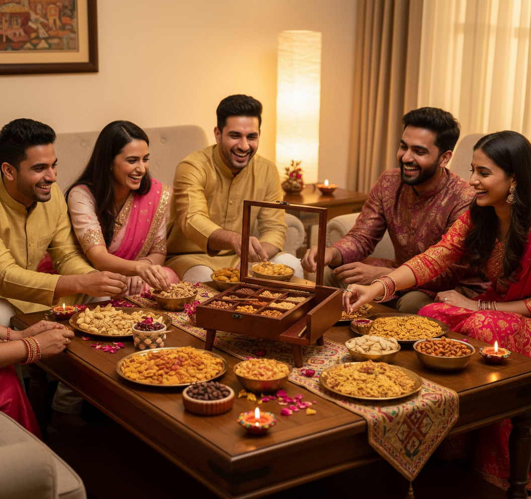 Premium Handcrafted Crafted 9-Compartment Wooden Table Top Masala and Dry Fruit Box with Spoon