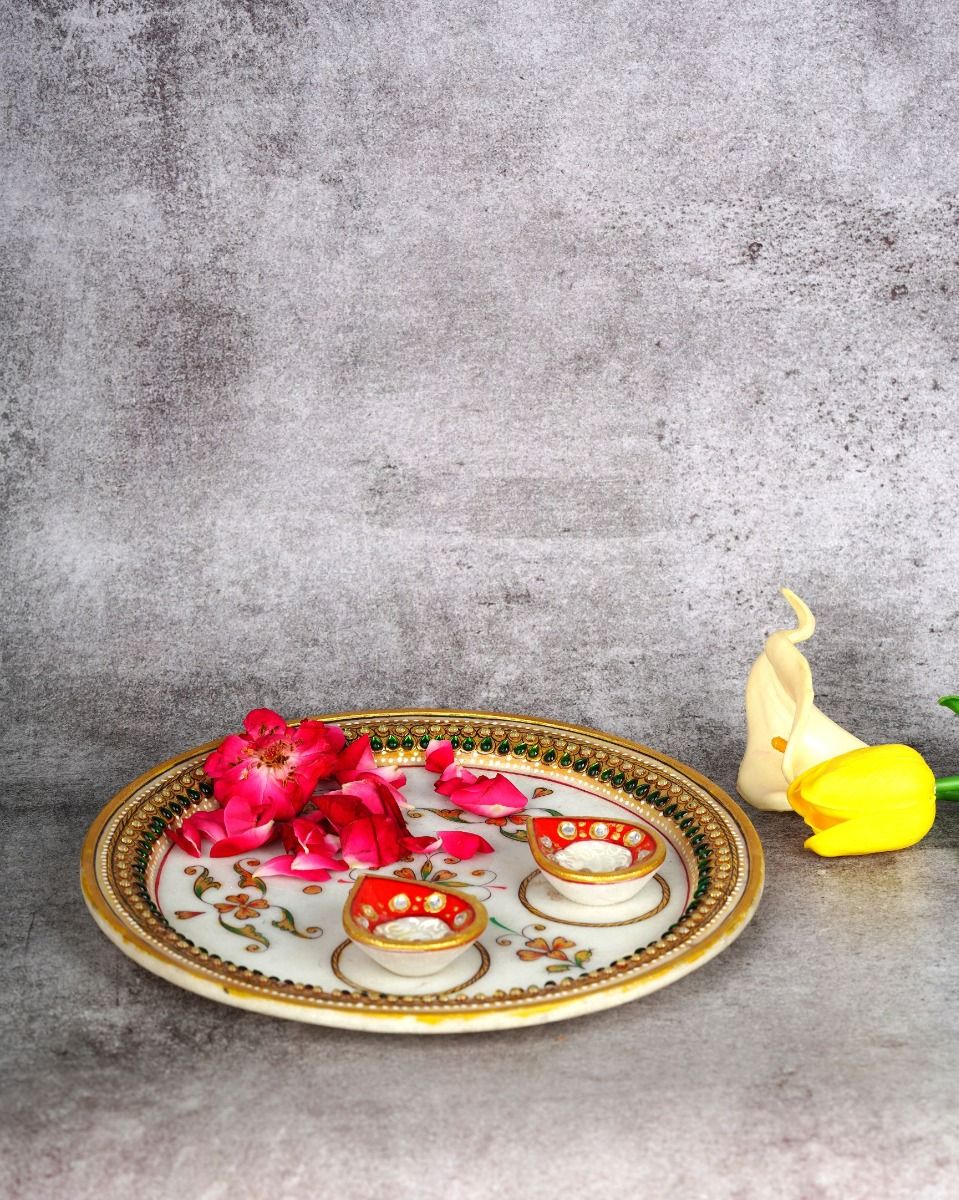 Handcrafted Marble Pooja Thali with Kundan-Meenakari Work – Diwali Special