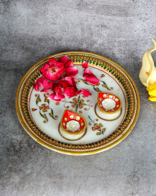 Handcrafted Marble Pooja Thali with Kundan-Meenakari Work – Diwali Special