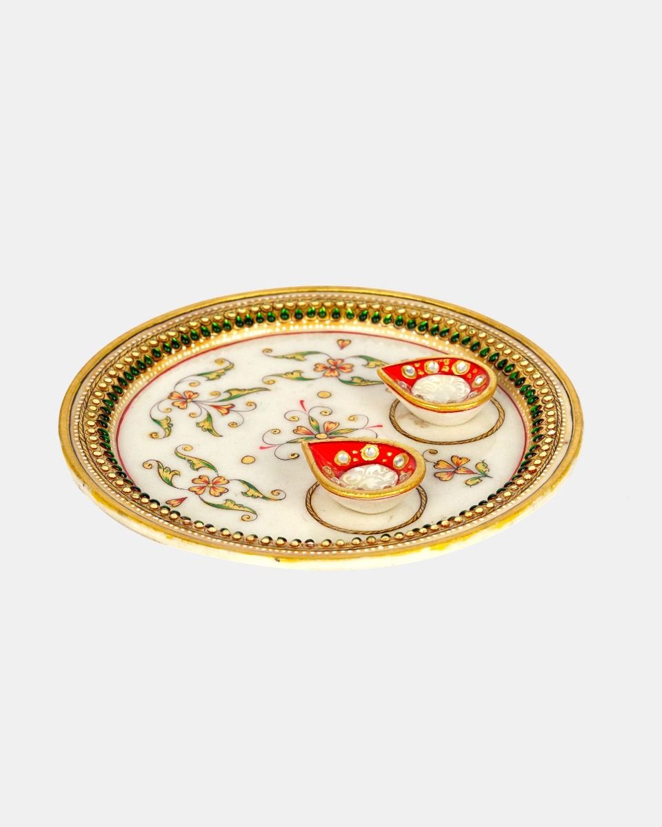 Handcrafted Marble Pooja Thali with Kundan-Meenakari Work – Diwali Special
