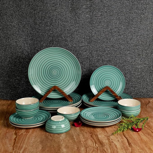 HomenStuffs 'Sea Swirls' 18-Piece Ceramic Dinner Set | Handcrafted Stoneware Crockery | 6 Dinner Plates, 6 Quarter Plates, 6 Bowls | Microwave & Dishwasher Safe