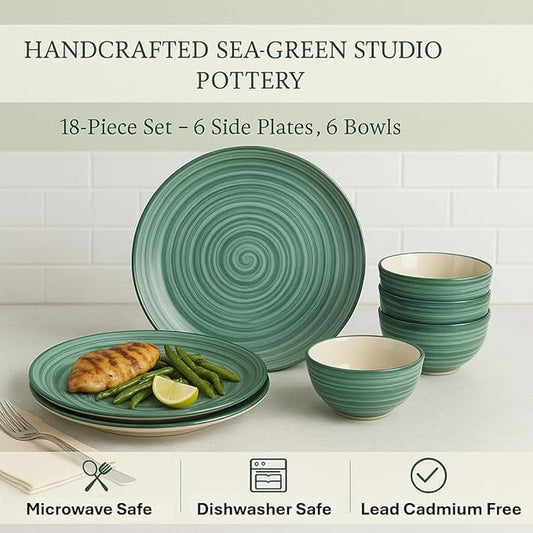 HomenStuffs 'Sea Swirls' 18-Piece Ceramic Dinner Set | Handcrafted Stoneware Crockery | 6 Dinner Plates, 6 Quarter Plates, 6 Bowls | Microwave & Dishwasher Safe