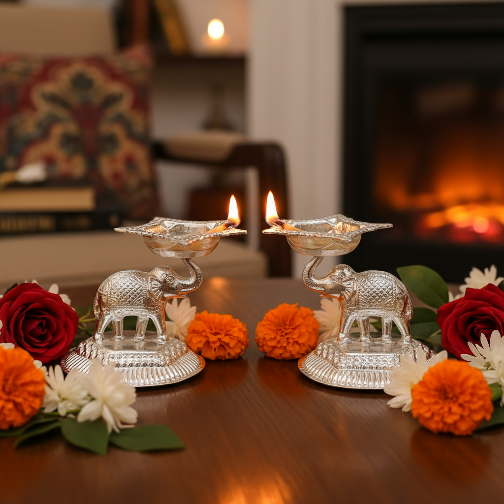 Silver plated Hathi(Elephant) Star Design Diya for festival decoration and home decor. Set Of 2
