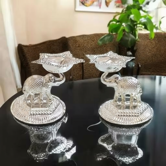 Silver plated Hathi(Elephant) Star Design Diya for festival decoration and home decor. Set Of 2