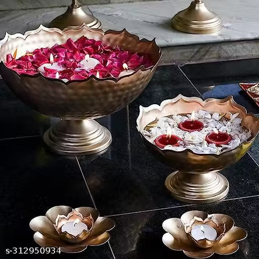 Taj Urli Floating Flower Set | Taj Urli with Stand Urli with Bowl | Urli, Pooja Diya, Wedding, Diwali, Christmas, Festival Decor Set of 9 pc