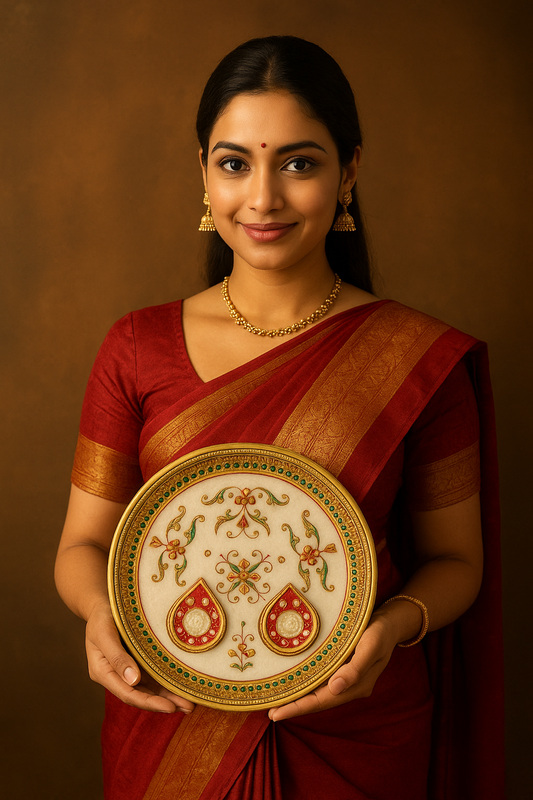 Handcrafted Marble Pooja Thali with Kundan-Meenakari Work – Diwali Special