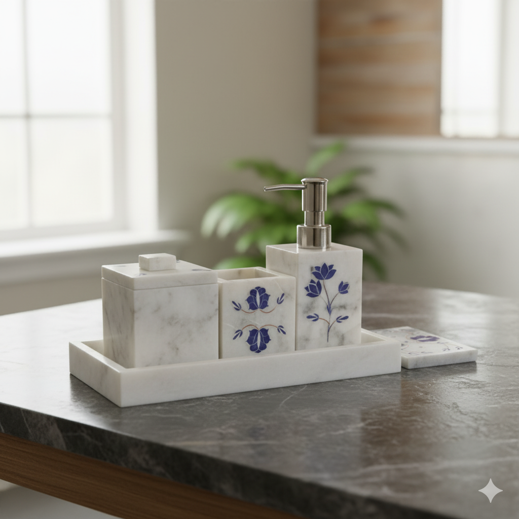 Luxury White Marble Bathroom Accessory Set – Elegant Designer Finish