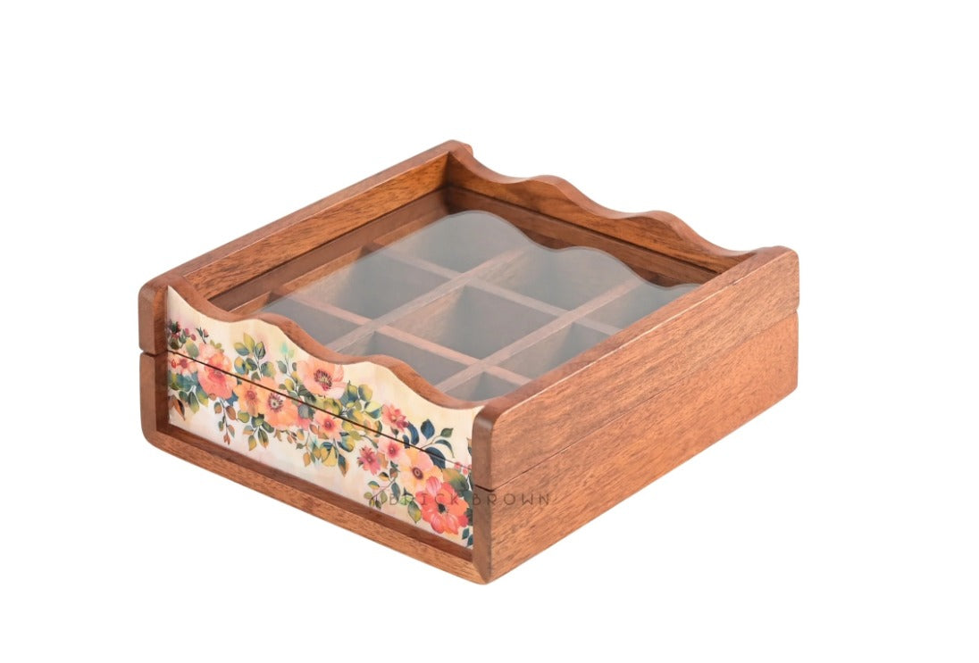 Premium Wooden Pastel Flora Nava Masala Box with Wooden Spoon | 9-Compartment Spice Box Organizer with Acrylic Lid Meenakari Work | Masala Dani Namak Dani | Masala's Container Dabba