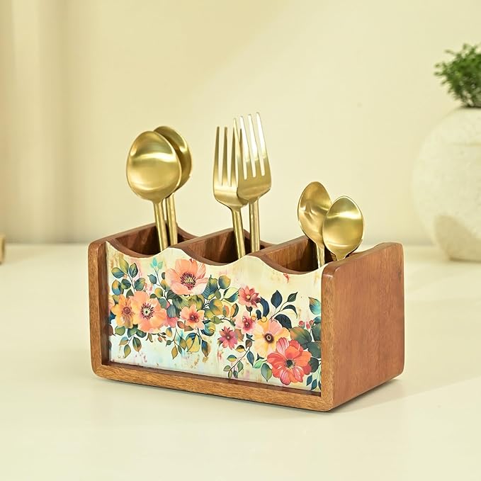 Premium Wooden Pastel Flora Cutlery Holder Spoon stand for kitchen | cutlery holder for dining table | wooden caddy storage organiser stand with 3 section Caddy holder (8.2x4.2x4 inch)