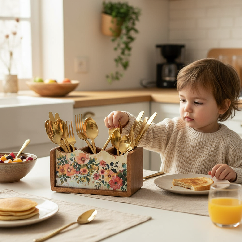 Premium Wooden Pastel Flora Cutlery Holder Spoon stand for kitchen | cutlery holder for dining table | wooden caddy storage organiser stand with 3 section Caddy holder (8.2x4.2x4 inch)
