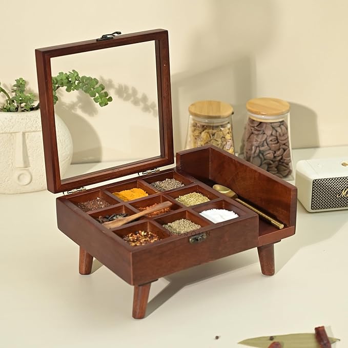Premium Handcrafted Crafted 9-Compartment Wooden Table Top Masala and Dry Fruit Box with Spoon