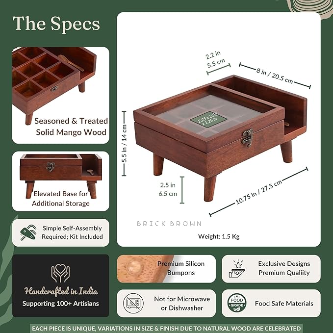 Premium Handcrafted Crafted 9-Compartment Wooden Table Top Masala and Dry Fruit Box with Spoon