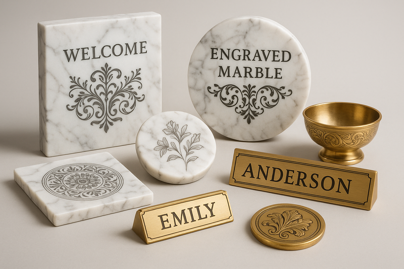Generate a realistic image of a engraving marble products and brass products 
